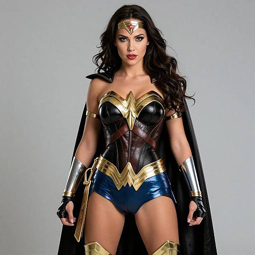 Photograph of Wonder Woman with long black hair, red lipstick, black leather corset, gold Wonder Woman emblem, blue shorts, silver bracelets, gold