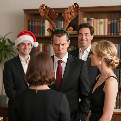 Man Wearing Reindeer Antlers at Holiday Party