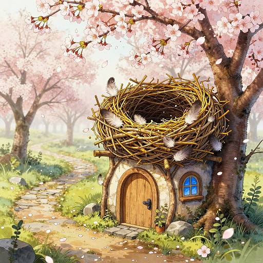 Digital painting of a cozy hobbit-style stone house with a wooden door, nestled under a cherry blossom tree, surrounded by a sunlit, grassy