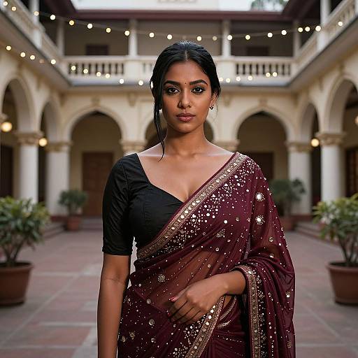 Photograph of an Indian woman with dark hair in a maroon saree with gold sequins, black blouse, standing in a colonial-style courtyard with
