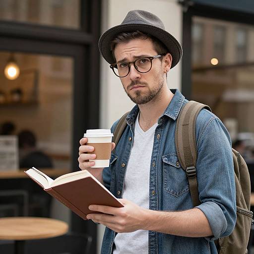 Hipster Man in NYC Coffee Shop