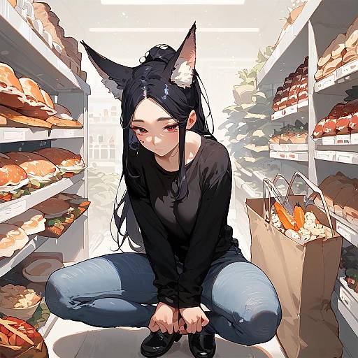 Anime Girl with Fox Ears Shopping in Store