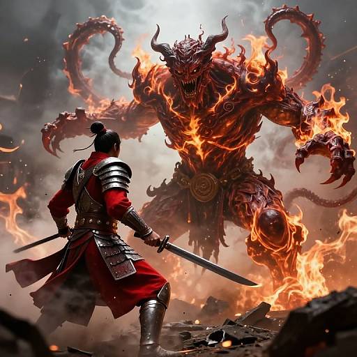 Epic digital artwork of a samurai with sword facing a fiery, demonic monster with horns and flames in a smoky battlefield.