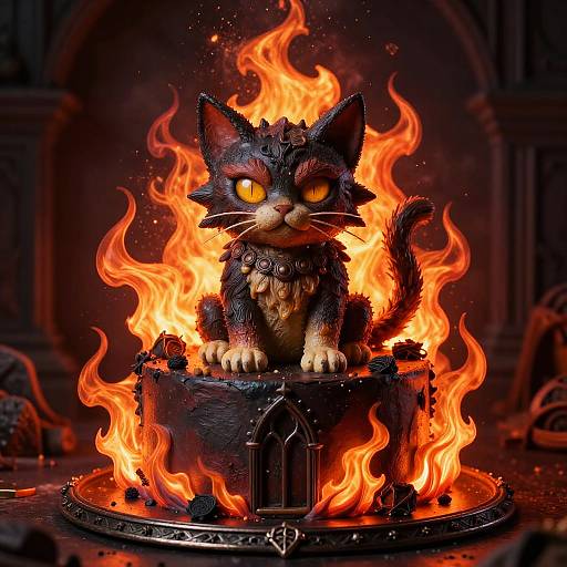 CGI image of a fierce, black, fur-textured cat with glowing orange eyes, sitting on a burning, circular, metal altar in a dark