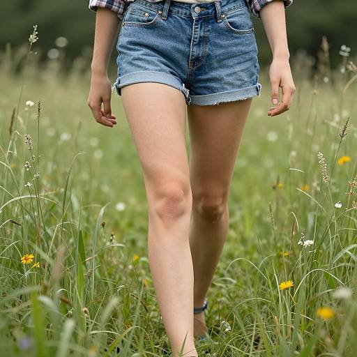 Photograph of a woman's legs in blue denim shorts walking through a grassy meadow with wildflowers, wearing a plaid shirt.