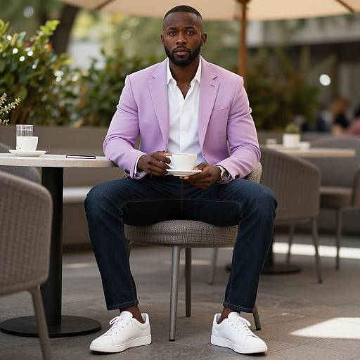 Photograph of a handsome Black man with a beard, wearing a light pink blazer, white shirt, dark jeans, and white sneakers, sitting at