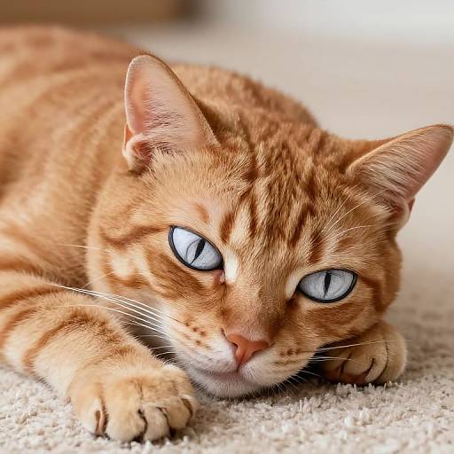 Close-up photograph of a relaxed, orange tabby cat with striking blue eyes, lying on a soft, beige carpet. The cat's front paws