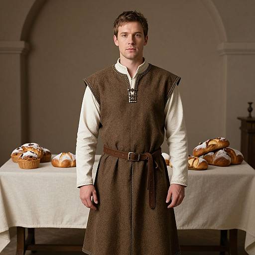 Photograph of a young white man with short brown hair, wearing a brown medieval-style dress over a white shirt, standing in front of a table with