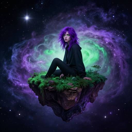Digital art: Purple-haired woman in black clothes sits on floating grassy island, surrounded by vibrant green and purple cosmic clouds, under starry night sky