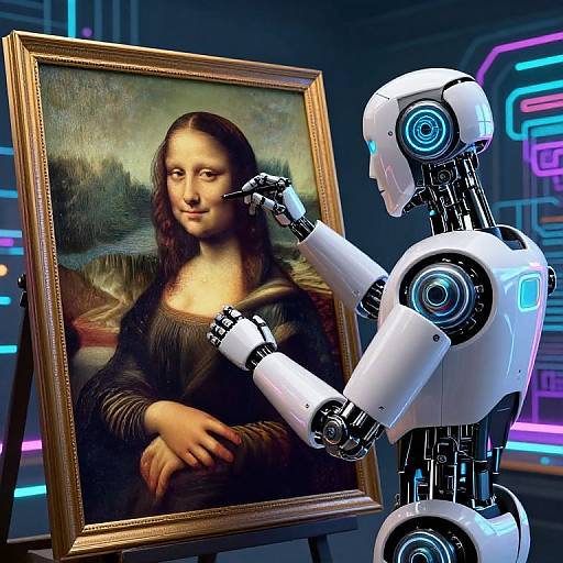 A futuristic robotic figure paints a digital replica of Leonardo da Vinci's 