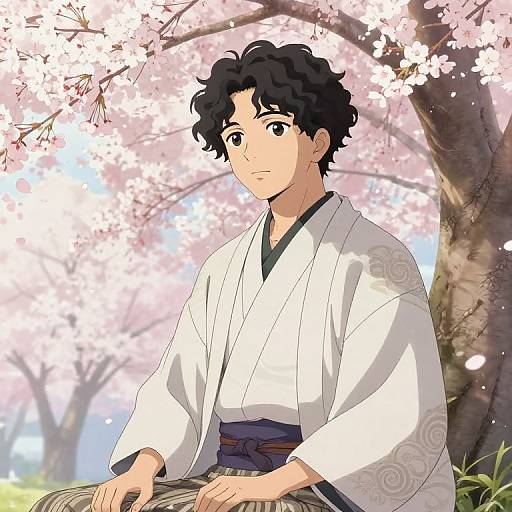 Anime-style drawing of a young man with curly black hair, wearing a white kimono with a blue obi, sitting under cherry blossoms. Bright