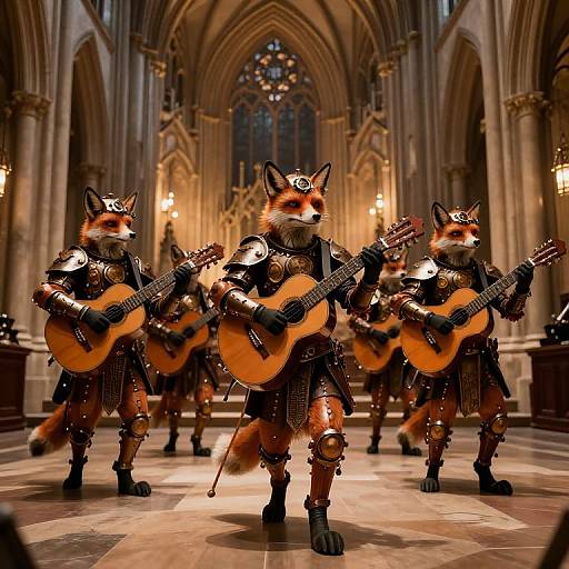 Photograph-like CGI of four anthropomorphic foxes in medieval armor playing acoustic guitars in a grand, candlelit Gothic cathedral.