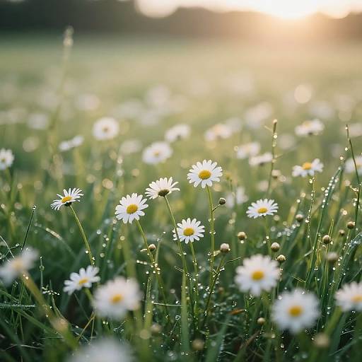 Photograph of a sunlit meadow filled with white daisies, dew-covered green grass, and a glowing, blurred background.