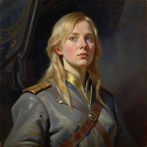 Digital painting of a young blonde woman with blue eyes, wearing a gray military uniform with gold epaulettes, against a dark background. She has