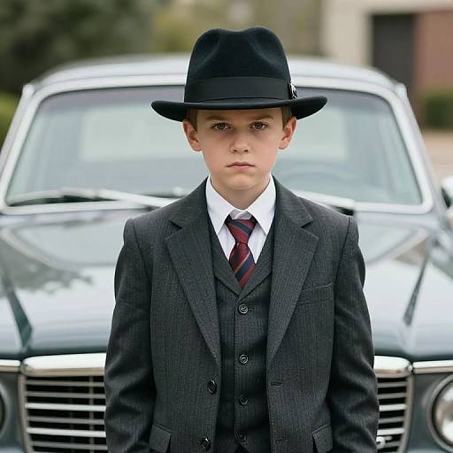 Photograph of a young boy in a dark gray three-piece suit, black fedora, and red-striped tie, standing in front of a shiny black