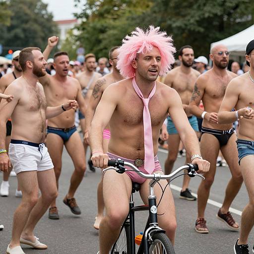 Photograph of a shirtless man with pink afro wig, pink tie, and pink briefs riding a bicycle in a street parade, surrounded by