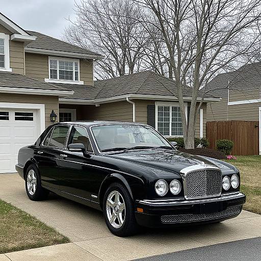 Photograph of a shiny black Rolls-Royce convertible parked in a suburban driveway, with a two-story beige house and bare trees in the background.