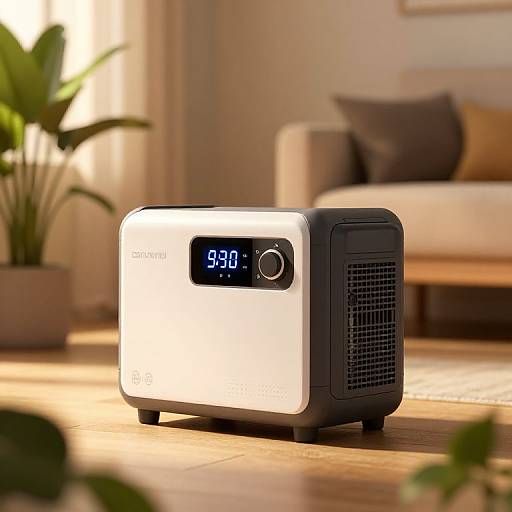 Photograph of a modern white and black digital oscillating fan, displaying 9.0°C, in a sunlit living room with a beige sofa
