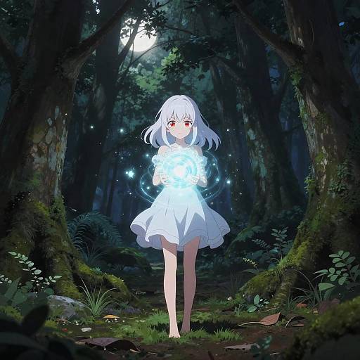 Digital anime-style illustration of a white-haired girl with red eyes in a glowing white dress standing in a dark, moonlit forest.