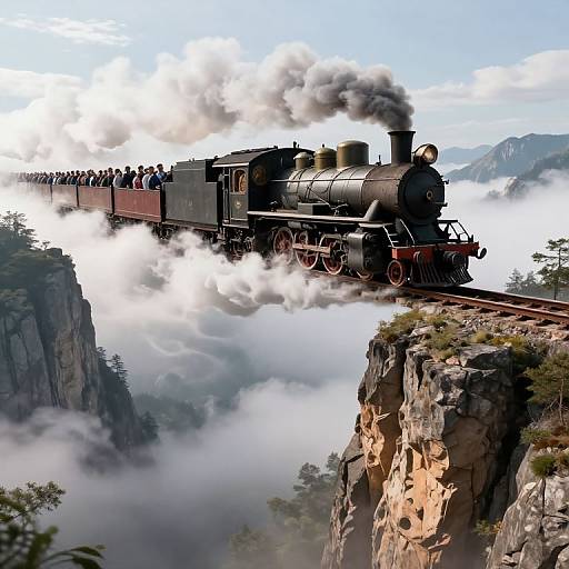 Photorealistic CGI of a vintage black steam locomotive with billowing smoke, crossing a treacherous cliff, surrounded by misty mountains.