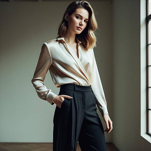 Fashion Model with Sleek Hairstyle in Silk Blouse