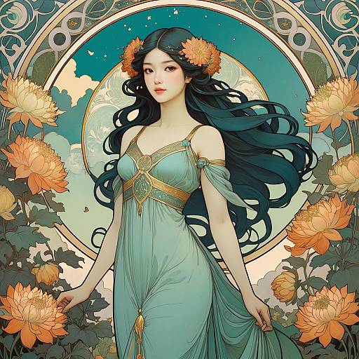 Art Nouveau Woman with Dahlia Garden