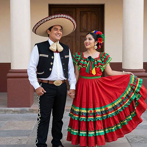 Photograph of a smiling couple in traditional Mexican attire; he wears a black vest, white shirt, and straw hat; she dons a vibrant red