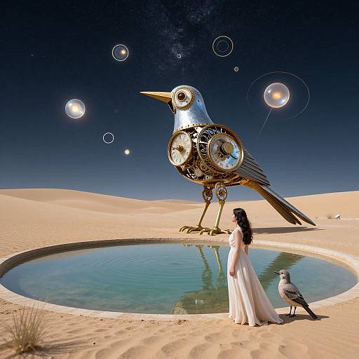 Photograph of a surreal desert scene with a giant, gear-filled bird statue, a woman in a white dress, and a seagull by a