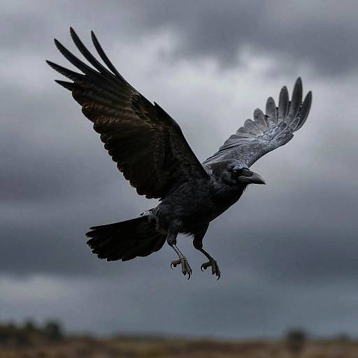 Ebony Crow in Flight Over Moorland