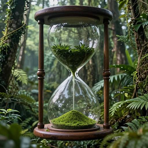 Photograph of a wooden hourglass with green moss, filled with small plants, set in a lush, sunlit forest.