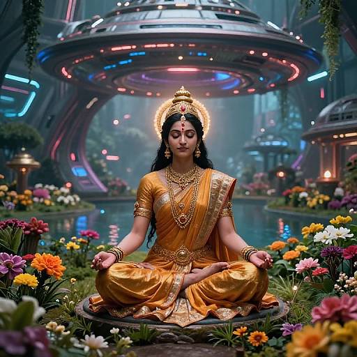 Goddess Sita Meditating in Futuristic Garden