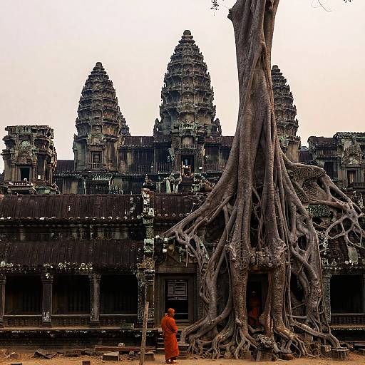 Photograph of an ancient, dark stone temple with three prominent, intricately carved towers, partially obscured by a large, gnarled tree with extensive