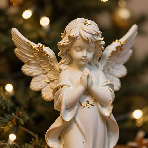 Photograph of a white, gold-accented angel statue with closed eyes, hands in prayer, standing in front of a blurred Christmas tree with warm
