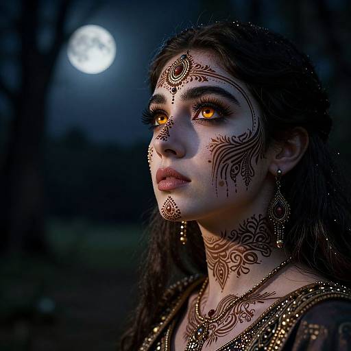 Photograph of a woman with dark hair, glowing orange eyes, intricate black henna designs, and gold jewelry, illuminated by a full moon in a