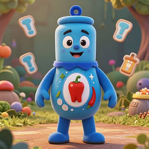 Digital CGI image of a blue, smiling, cartoon robot with a red bell graphic on its chest, standing in a colorful, whimsical forest. Question