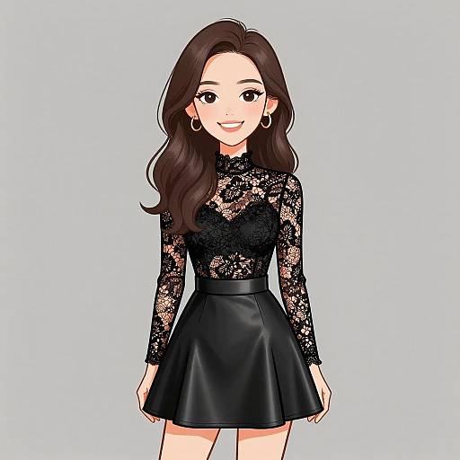 Digital anime-style drawing of a smiling woman with long brown hair, wearing a black lace long-sleeve top and a black leather skirt.