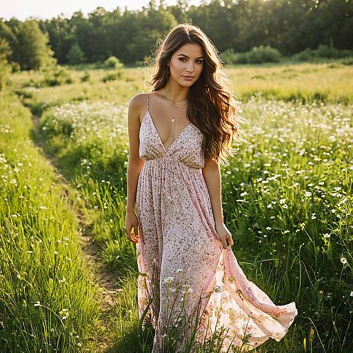 Woman in Pink Floral Maxi Dress in Meadow