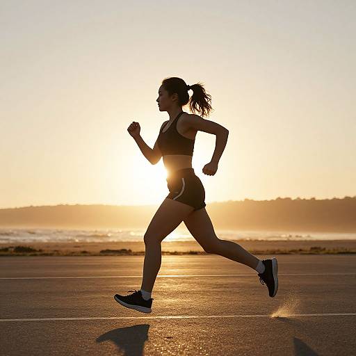 Silhouetted female runner in sports bra and shorts, with ponytail, jogging at sunset on a coastal road, golden sunlight behind.