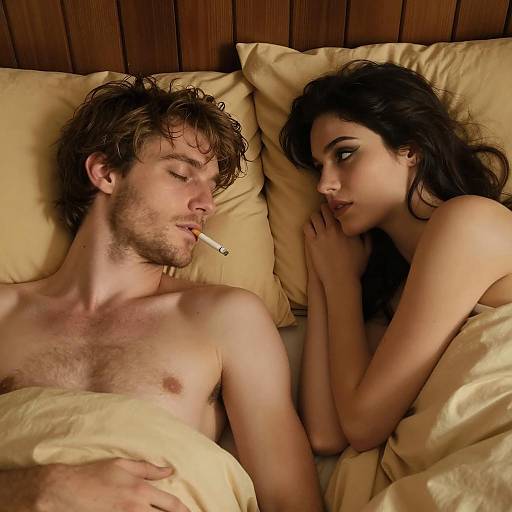 Couple Lying in Bed with Cigarette