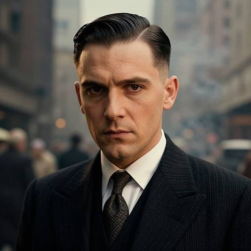 Photorealistic CGI image of a serious, fair-skinned man with slicked-back black hair, wearing a black pinstripe suit, white shirt