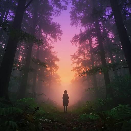 Digital art of a silhouetted person standing in a misty forest at sunset, with vibrant purple, pink, and orange sky. Tall trees