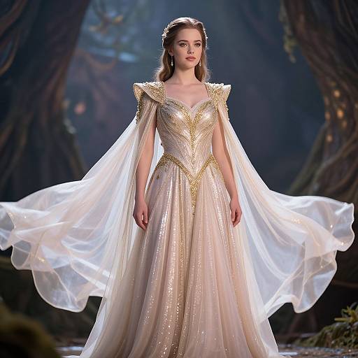 Photograph of a fair-skinned woman with wavy brown hair in a sparkling, gold-embellished, V-neck gown with a flowing white