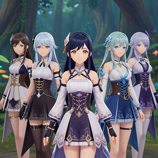 Digital anime-style image of four female characters in elaborate fantasy outfits, standing in a lush forest background. Each character has unique hair colors and designs, with