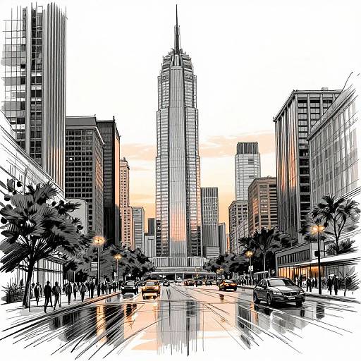 Digital drawing of a bustling city street at sunset, featuring tall skyscrapers, reflective wet pavement, palm trees, and people on the sidewalk.
