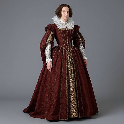 Photograph of a woman in an elaborate Renaissance-style maroon gown with gold embroidery, white ruffled collar, and puffed sleeves, standing against a
