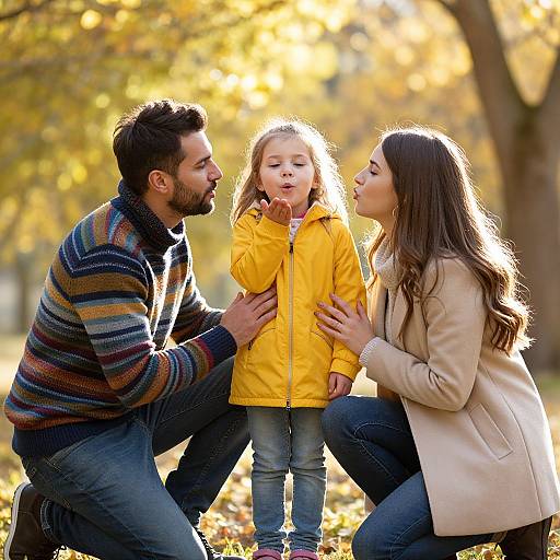 Photograph of a bearded man, woman, and young girl in autumn park; man in striped sweater, woman in beige coat, girl in yellow