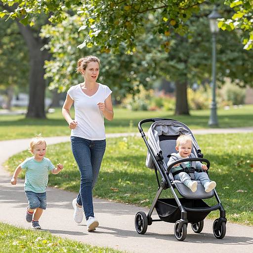 Photograph of a Caucasian woman with brown hair in a white T-shirt and blue jeans, running with a blonde toddler in a striped shirt and denim shorts