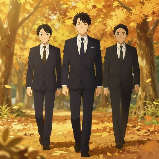 Anime-style digital illustration of three young men in black suits, walking hand-in-hand through an autumn forest path with golden leaves.