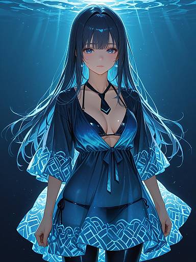 Anime Girl in Blue Bikini and Sheer Cover-up Underwater