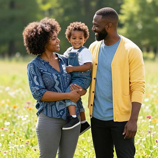 Photograph of an African-American family in a sunny field: mother with afro in blue patterned shirt, father in yellow cardigan, and son